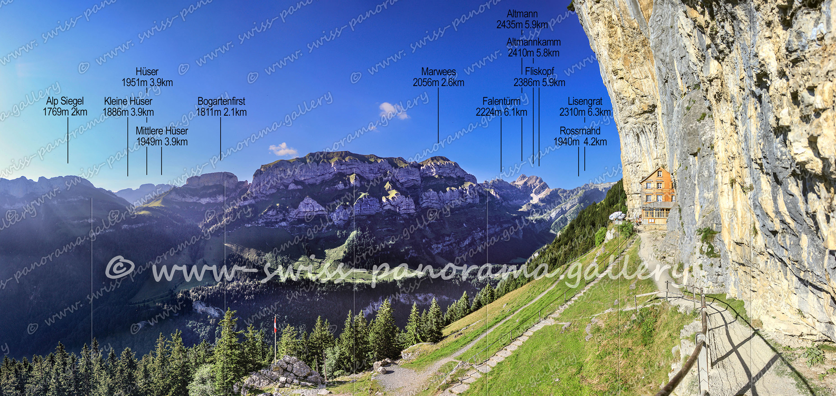 Ebenalp, Aescher, Lisengrat 2310m 6.3km, Altmann 2435m 5.9km, Altmannkamm 2410m 5.8km, Fliskopf 2386m 5.9km, Hüser 1951m 3.9km, Alp Siegel 1769m 2km, Kleine Hüser 1886m 3.9km, Furgglenfirst 1949m 3.9km, Bogartenfirst 1811m 2.1km, Marwees 2056m 2.6km, Falentürm 2224m 6.1km, Rossmahd 1940m 4.2km Appenzeller Alps swiss-panorama.gallery