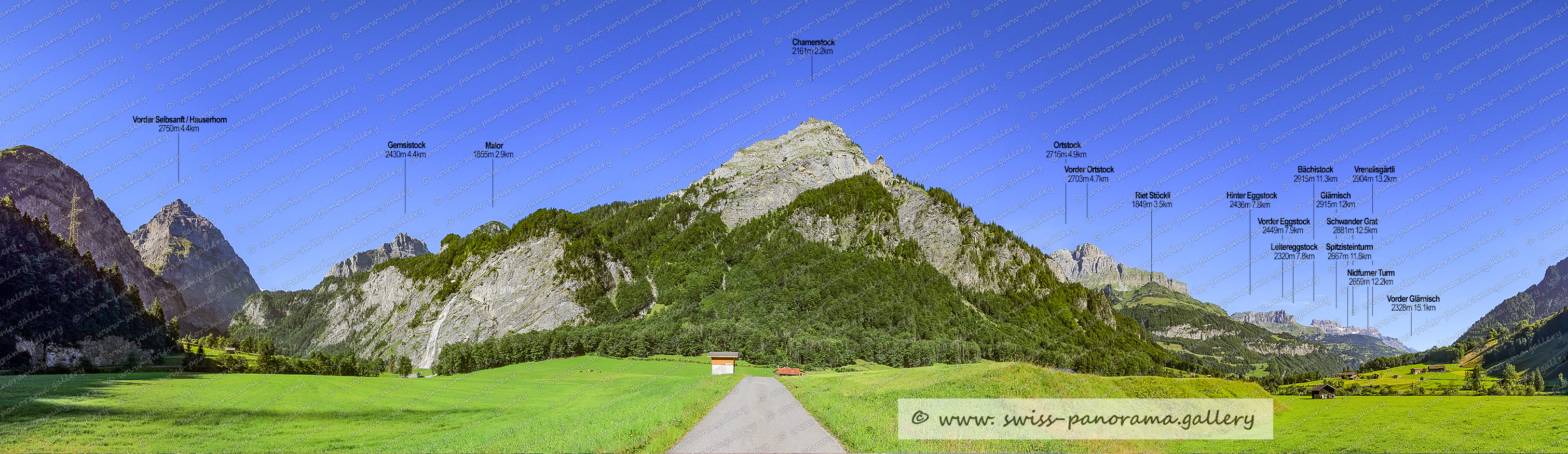 Schweizer Alpenpanorama swiss-panorama.gallery, Beschriftetes Schweizer Bergpanorama von Tierfehd , Vorder Selbsanft 2750m (Hauserhorn), Malor 1866m 2.9km, Gemsistock 2430m, Vorder Ortstock 2703m, Chamerstock 2161m, Ortstock 2716m, Leitereggstock 2320m, Vorder Eggstock 2449m, Hinter Eggstock 2436m, Spitzisteinturm 2667m   , Nidfurner Turm 2659m, Glärnisch 2915m, Bächistock 2915m, Schwander Grat 2881m  , Vrenelisgärtli 2904m, Riet Stöckli 1848m, Schreyenbach Wasserfall, Swiss Alps, Swiss mountain panorama,