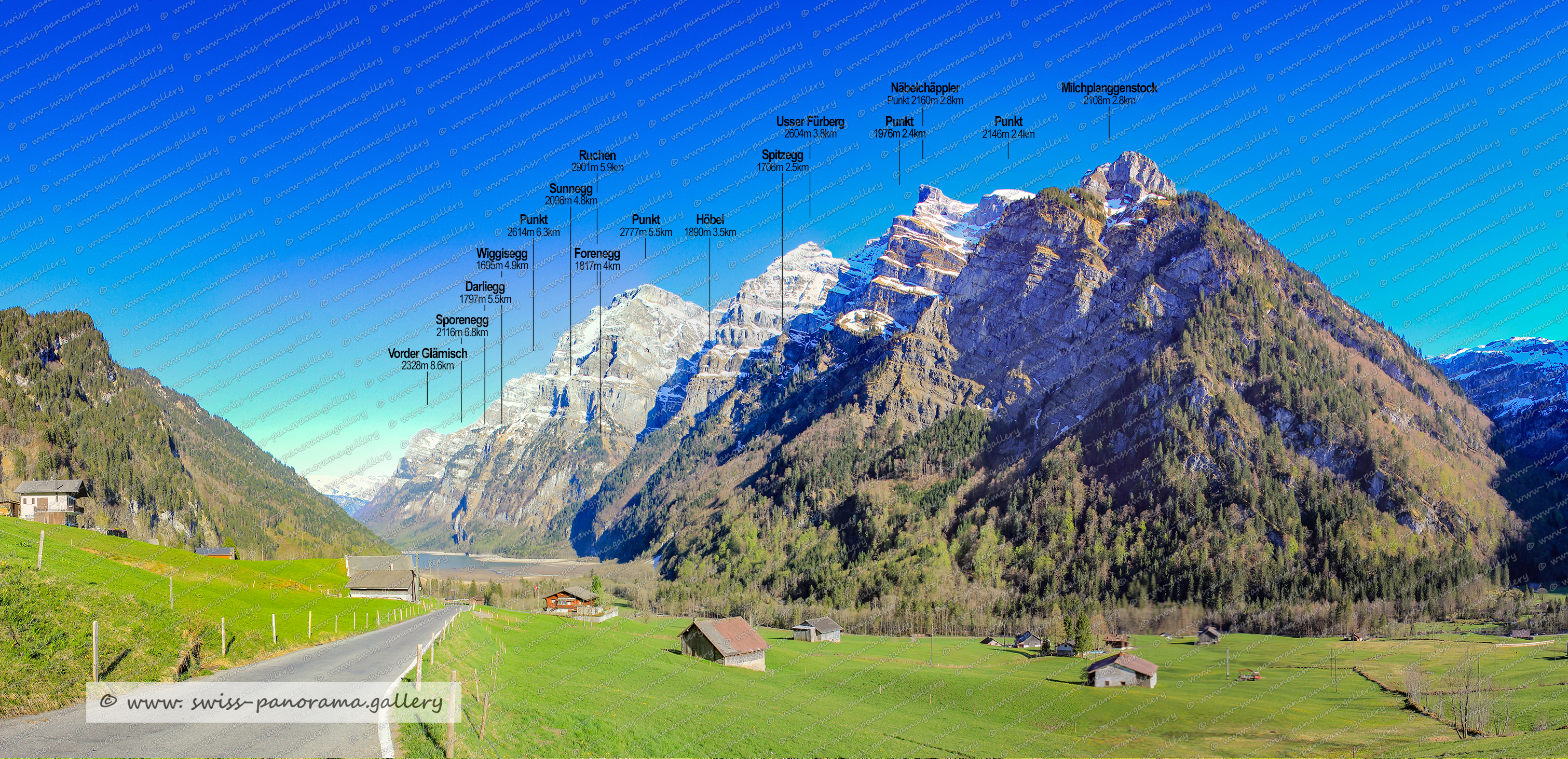 Beschriftetes Panorame vom Klöntal, Darliegg 1797m (Glärnisch), Sporenegg 2116m  (Glärnisch) , Vorder Glärnisch 2328m, Wiggisegg 1695m (Glärnisch), Usser Fürberg 2604m , Forenegg 1817m (Glärnisch), Höbel 1890m (Glärnisch), Ruchen 2901m , Sunnegg (Glärnisch), Stralstöckli 2215m 4.5km   (auch Stralstöggli genannt / Glärnisch Massiv), Näbelchäppler 2445m, Milchplanggenstock 2108m, Spitzegg 1796m (Glärnisch),  Beschriftetes Bergpanorama Klöntal,