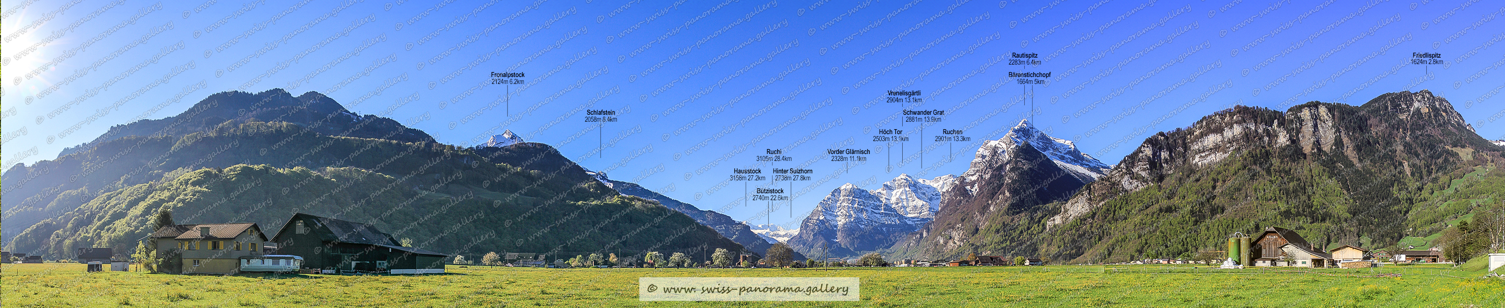 Walensee Panorama Linthebene, Beschriftetes Schweizer Alpenpanorama Linthebene , Panoramic picture of the Swiss Alps, Panoramic photos of the Swiss Alps, Beschriftetes Panorama Walensee, Beschriftetes Panorama Glarner Alpen, Fronalpstock 2124m (GL), Schlafstein 2058m  GL, Ruchi 3105m GL, Höch Tor 2503m  (Glärnisch), Hinter Sulzhorn 2738m GL , Schwander Grat 2881m, Hausstock 3158m GL, Ruchen 2901m GL Glärnisch, Vorder Glärnisch 2328m, Vrenelisgärtli 2904m, Rautispitz 2283m GL , Friedlispitz1624m  GL, Bärenstichchopf 1664m GL , Bützistock 2340m, swiss-panorama.gallery, famous Swiss Alps, Swiss Panorama Gallery, labelled mountain panorama from Switzerland, 
