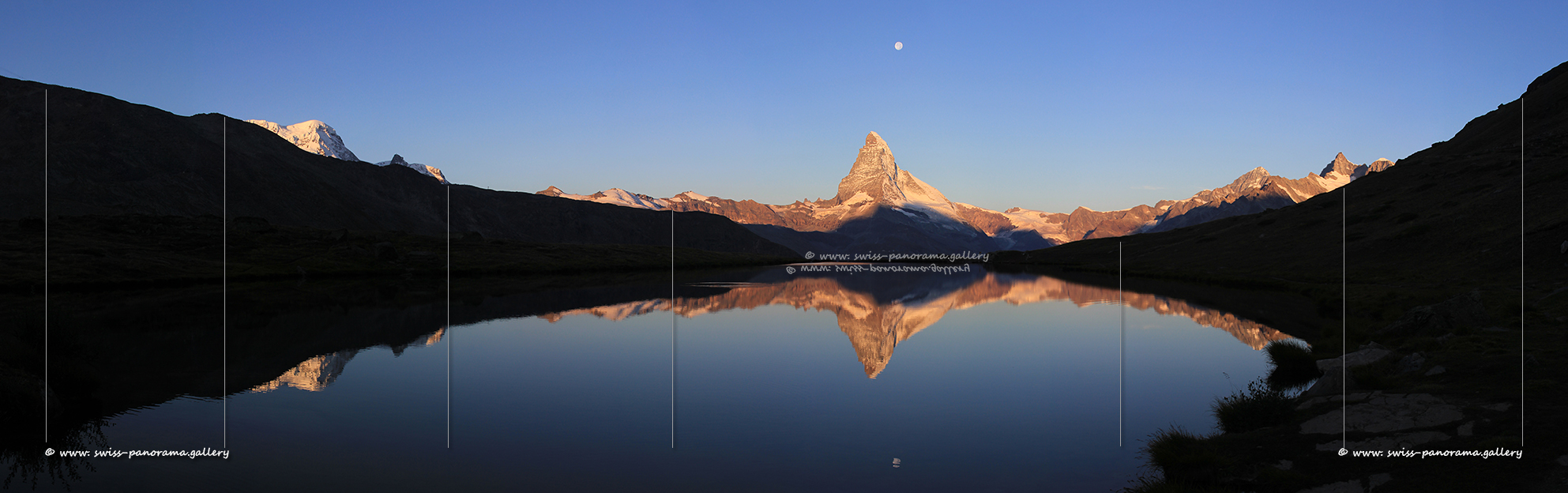 swiss-panorama.gallery Stellisee Sonnenaufgang Vollmond Matterhorn reflections panoramic view