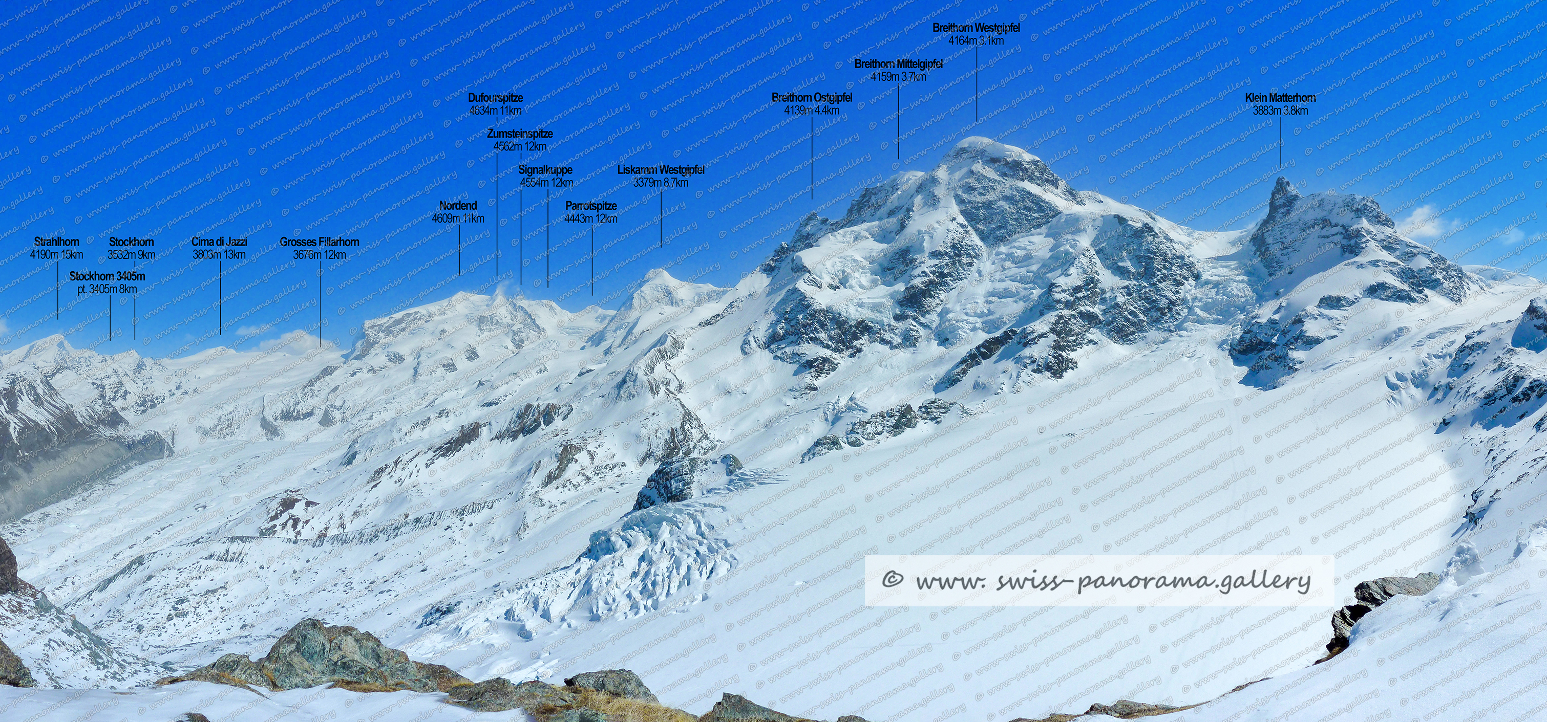 Blick auf den Unteren Theodul Gletscher mit Monte Rosa, Breithorn und Klein Matterhorn, Switzerland Zermatt Trockener Steg Matterhorn Panorama Schweizer Alpenpanorana, Alpenpanoramen