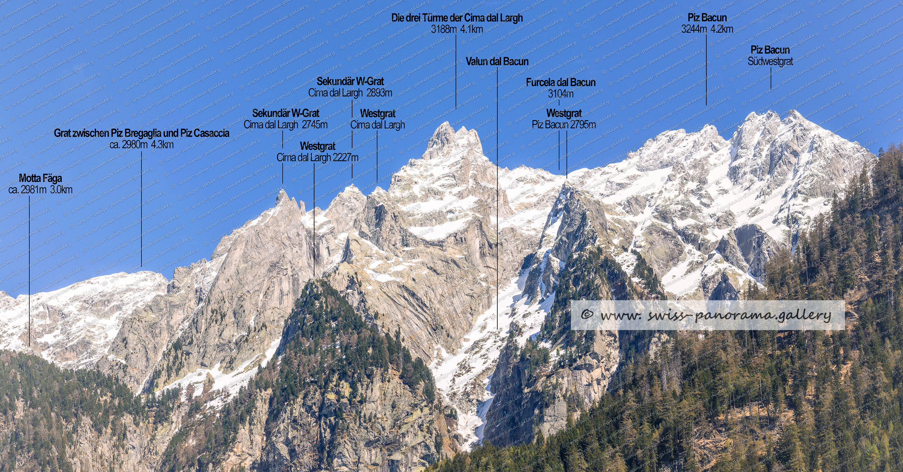 Schweizer Alpenpanorama, Bregaglia, Blick von Visosoprano zu den Gipfeln der Cima dal Largh und Piz Bacun swiss panorama.gallery