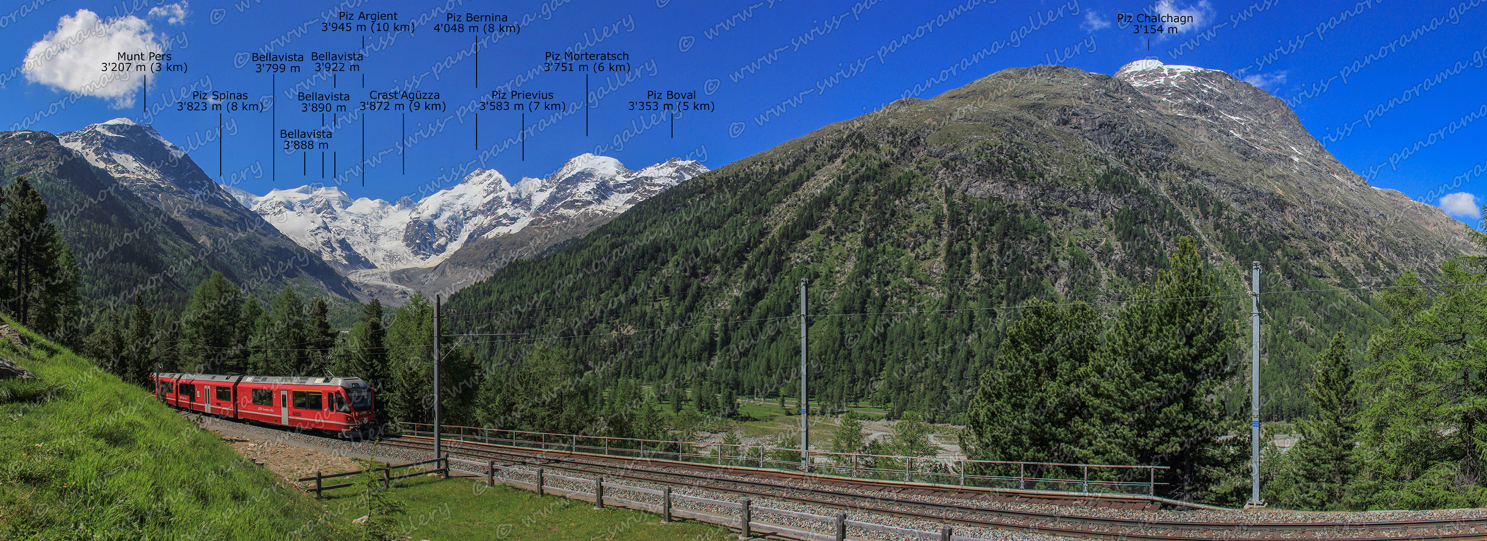 Switzerland Bernina Pass panorama Morteratsch, Munt Pers, Piz Spinas, Bellavista I, Bellavista 3'888 m, Bellavista 3'890 m. Piz Argient 3'945 m (10 km), Crast'Agüzza, Chalchagn
Piz Boval 3'353 m (5 km), Piz Morteratsch 3'751 m (6 km),Piz Prievius 3'583 m (7 km), Piz Bernina
