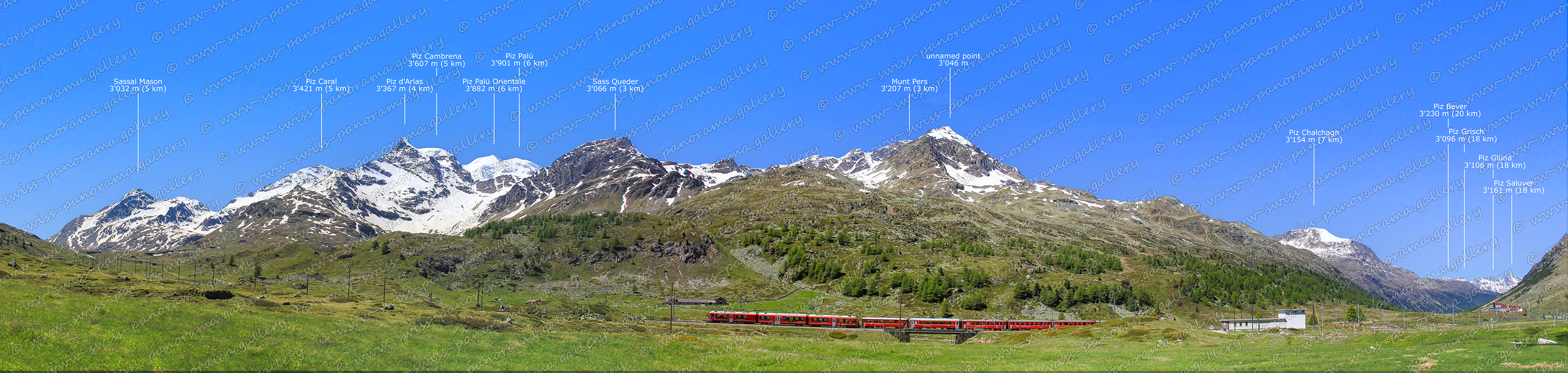 Bernina Pass Panorama, Piz Caral 3'421 (3 km), Piz Cambrena 3'607 m (4 km), Sass Queder 3'066 m (3 km), Munt Pers 3'207 m (4 km), Piz Arlas 3'367 m (3 km), Ospizio Bernina, Piz Arlas 3'367 m (3 km) Piz Grisch 3'096 m (18 km), Piz Glüna 3'106 m (18 km), Piz Saluver 3'161 m (18 km), Piz Bever 3'230 m (20 km), Piz Chalchagn 3'154 m (7 km), Sass Queder, Munt Pers 3'207 m (3 km), Piz Paslü 3'901 m (6 km), Piz Palü Orientale, Sassal Mason 3'032 m (5 km), Piz Caral 3'421 m (5 km), Piz d'Arlas 3'367 m (4 km), Piz Cambrena 