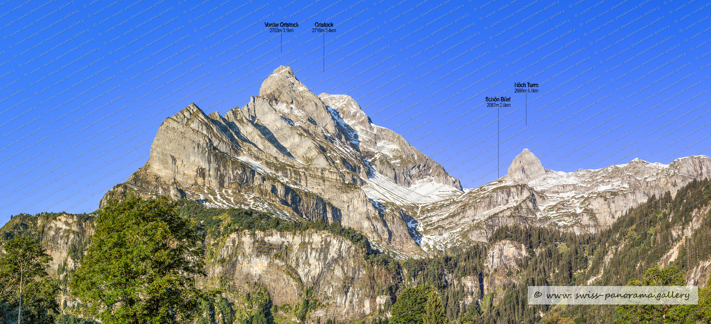 Beschriftetes Schweizer Alpenpanorama Braunwald , Panoramic picture of the Swiss Alps, Panoramic photos of the Swiss Alps, Glarus Süd, Glarner Grosstal, Braunwald,, Schweizer Bergpanoraman, Glarner Alpenpanorama, Beschriftetes Schweizer Alpenpanorama, Ortstock, Vorder Ortstock 2703m, Ortstock 2716m, 