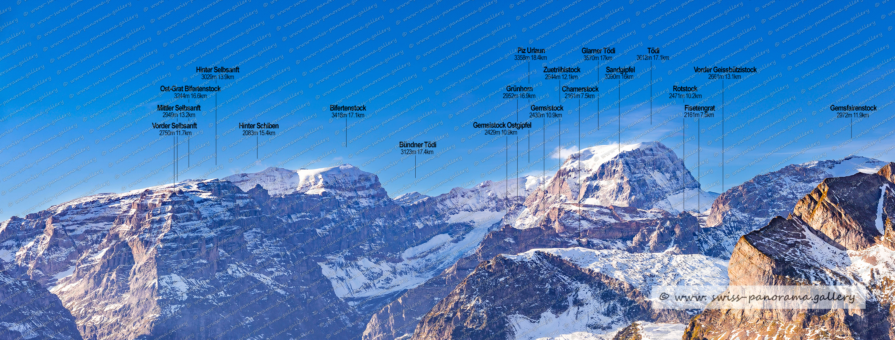 Beschriftetes Schweizer Alpenpanorama Braunwald Gumen , Panoramic picture of the Swiss Alps, Panoramic photos of the Swiss Alps, Glarus Süd, Glarner Grosstal, Blick zum Tüdi, Vorder Selbsanft 2750m (Hauserhorn), Bifertenstock Ostgrat 3244m, Mittler Selbsanft 2949m, Bifertenstock 3418m, Hinter Selbsanft 3029, 13,9km, Gemsfairenstock 2972m, Bündner Tödi 3123m, Gemsistock Ostgipfel 2429m, Mittler Selbsanft 2949m, Grünhorn 2952m, Fisetengrat 2125m, Gemsistock 2430m, Vorder Geissbützistock 2661m  GL, Sandgipfel 3390m, Rotstock 2471m  GL, Glarner Tödi 3570m, Zuetriibistock 2644m GL, Piz Urlaun 3358m, Tödi 3612m, Glarner Tödi 3570m, Chamerstock 2161m, swiss panorama, gallery, Famous Swiss Alps, Swiss Panorama Gallery, labelled mountain panorama from Switzerland,