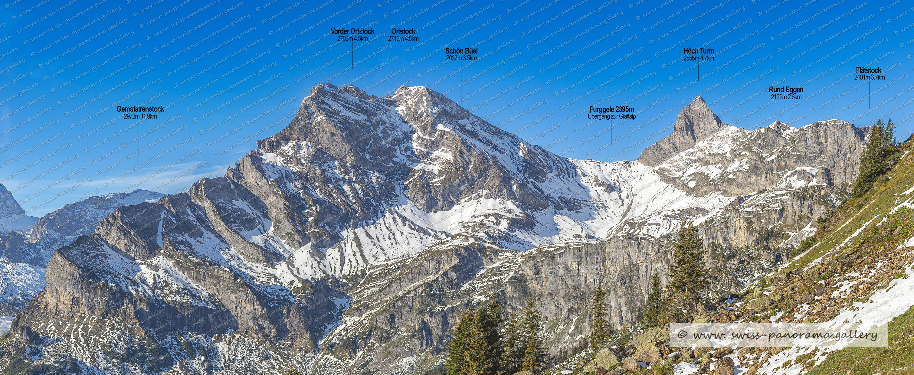 Beschriftetes Schweizer Alpenpanorama Braunwald Gumen , Panoramic picture of the Swiss Alps, Panoramic photos of the Swiss Alps, Glarus Süd, Glarner Grosstal, Blick zum Ortstock, Vorder Ortstock 2703m, Flätstock 2401m, Höch Turm 2666m  (Glattalp),  Rund Eggen 2122m 2,6km    GL (beim Ortstock), Furggele 2395m    Übergang zur Glattalp, Schön Büel 2077m   GL   beim Ortstock, Ortstock, Gemsfairenstock 2972m 11.9km, , swiss panorama, gallery, Famous Swiss Alps, Swiss Panorama Gallery, labelled mountain panorama from Switzerland,