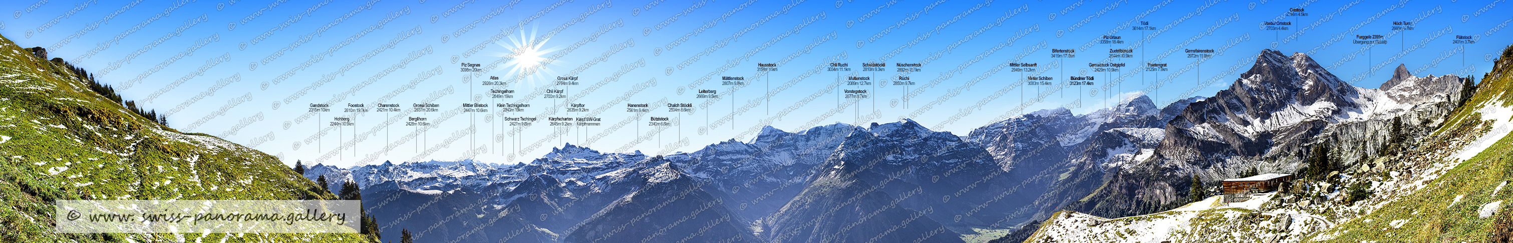 Beschriftetes Schweizer Alpenpanorama Braunwald Gumen , Panoramic picture of the Swiss Alps, Panoramic photos of the Swiss Alps, Glarus Süd, Glarner Grosstal,, Gross Kärpf 2794m 9.4km, Kärpftor 2635m, Hanenstock 2561m, Kärpfscharten 2645m 9.2km, Kärpf SW-Grat Kärpfmannen, Bützistock 2340m, Chalch Stöckli 2504m, Leiter, Hausstock 3158m, Chli , Fisetengrat 2125m, Bündner Tödi 3123m , Zuetriibistock 2644mKärpf 2700m, Leiterberg 2669m, Vorstegstock  2677m, Scheidstöckli 2810m, Muttenstock 3089m, Chli Ruchi 3034m, Mättlenstock 2807m, Nüschenstock 2892m, Hinter Schiben 3083m, Mittler Selbsanft 2949m, Bifertenstock 3418m, Gemsistock Ostgipfel 2429m, Gemsfairenstock 2972m, Tödi 3614m, Piz Urlaun 3358m, Vorder Ortstock 2703m, Ortstock 2716m, Flätstock 2401m, Gross Tschingelhorn 2849m, Klein Tschingelhorn 2843m, Schwarz Tschingel 2427m, Rüchi 2850m, Furggele 2395m    Übergang zur Glattalp, Gandstock 2315m, Charenstock 2421m, Grossi Schiben 2937m, Hohberg 2244m, Foostock 2610m, Mittler Blickstock 2447m, Piz Segnas 3098m, Berglihorn 2428m, Höch Turm 2666m, 240 Grad Panorama von Braunwald,