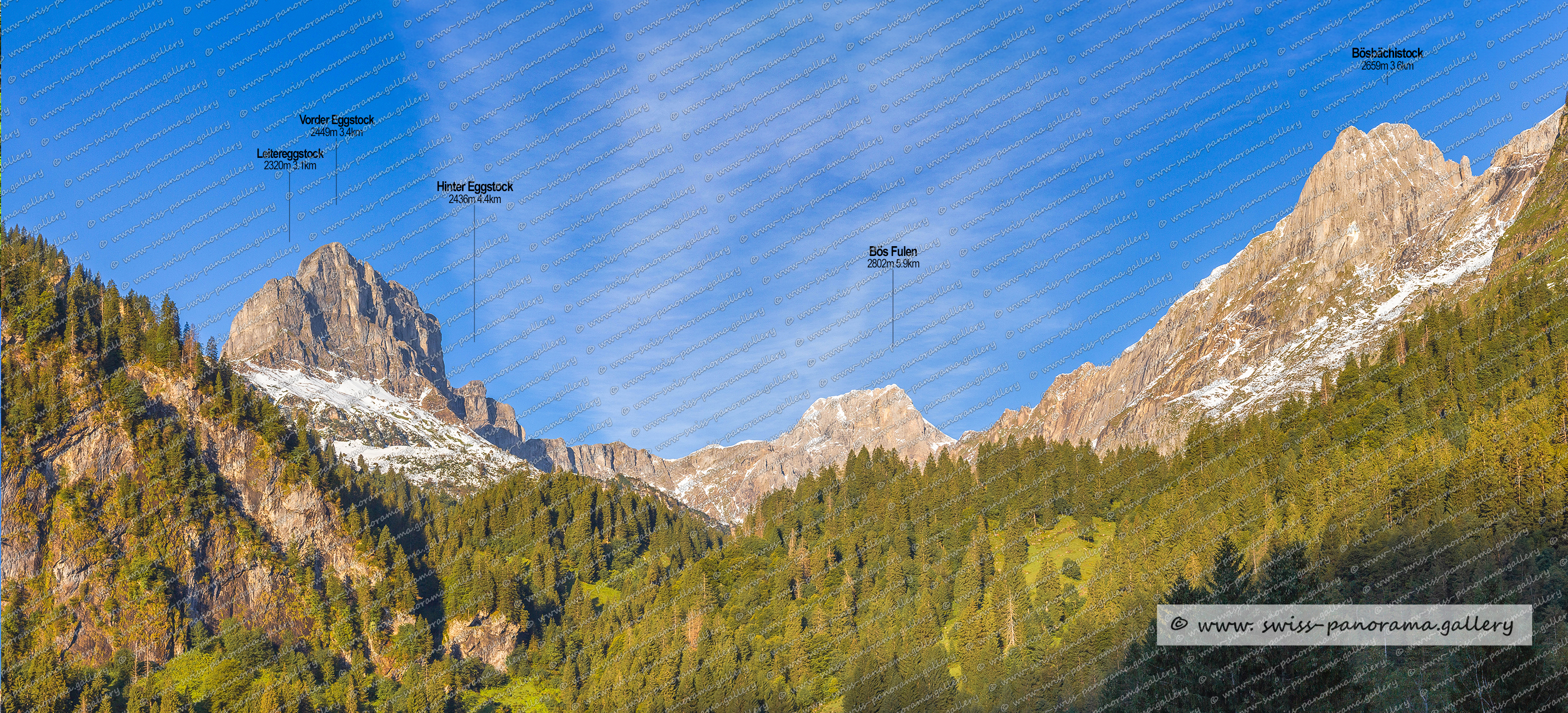 Panoramic picture of the Swiss Alps, Panoramic pjhotos oft he Swiss Alps, Glarus Süd, Glarner Grosstal, Brunnenberg, Schweizer Bergpanoraman, Glarner Alpenpanorama, Beschriftetes Schweizer Alpenpanorama, Glärnisch Massiv, Spitzisteinturm 2667m, Schwander Grat 2881m, Leitereggstock  2320m   Leitereggstogg (Braunwald), Vorder Eggstock 2449m (Braunwald), Hinter Eggstock 2436m  (Braunwald), Bös Fulen 2802m, Bösbächistock 2659m, Vrenelisgärtli 2904m, Chanzle 2604m, Bächistock 2915m, Glärnisch 2915m, Nidfurner Turm 2659m 3.3km, Luftseilbahn Luchsingen Brunnenberg,  swiss panorama, gallery