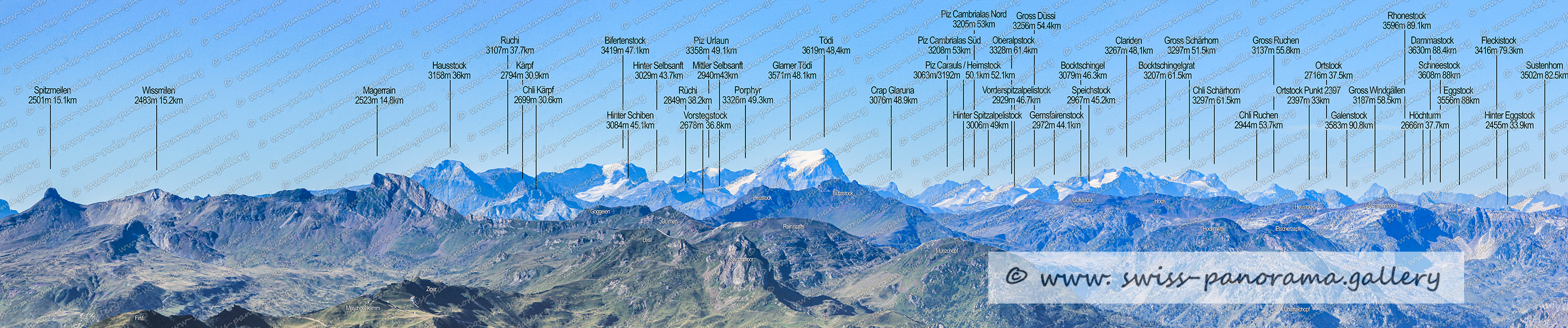 Switzerland Toggenburg Chäserrugg Fernsicht Panorama zu den Glarner Alpen und den Urner Alpen mit beschriftetens Berggipfeln