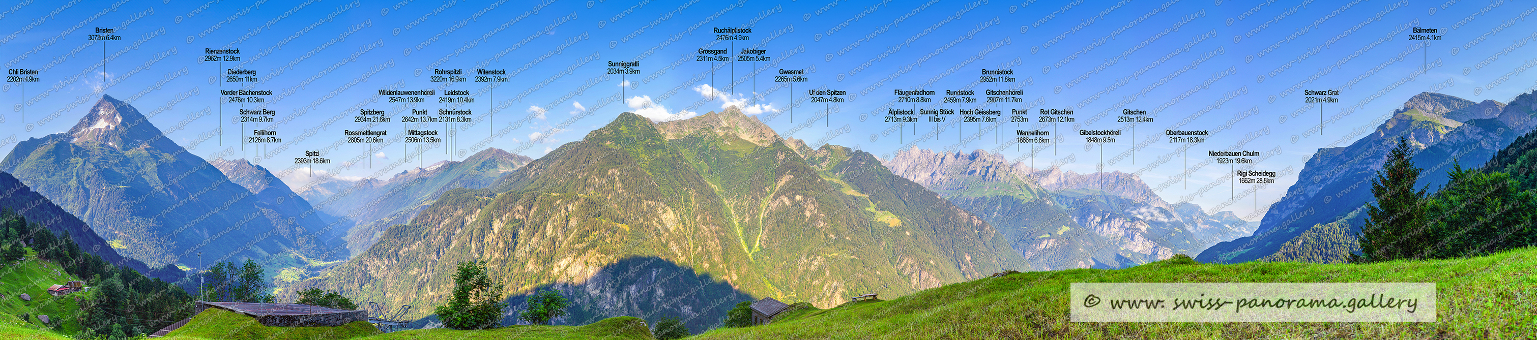 Switzerland Urner Alpenpanorama Silenen Chilcherberge panorama, Sunnig Stöck panorama, Bristen, Bälmeter Brunnistock Swiss mountain panorama, Bristen 3073m, Rossmettlengrat 2805m 20.6km, Spitzberg 2934m 21.6km, Fellihorn 2126m 8.7km, Schwarz Berg, Vorder Bächenstock 2476m 10.3km, Diederberg 2650m 11km, Rienzenstock, Mittagstock 2506m, Rohrspitzli 3220m16.9km, Wildenlauwenenhöreli 2547m, Leidstock 2419m, Schnürstock 2131m, Witenstock 2392m 7.9km, Sunniggratlii 2034m, Uf den Spitzen 2047 4.8km    , Gwasmet 2265 m, Jakobiger 2505m, Grossgand  2311m 4.5km, Ruchälplistock 2476m, Bälmeten  2415m, Schwarz,  Grat 2021m, Niederbauen Chulm 1923m, Oberbauenstock 2117m, Rigi Scheidegg 1662m, Gibelstockhöreli 1848m 9.5km, Gitschen 2513m, Rot Gitschen 2673m, Wannelihorn 1866 6.6km, Gitschenhöreli 2907m, Rundstock 2459m, Hoch Geissberg 2395m, Brunnistock 2952, Älplistock 2713m, Fläugenfadhorn 2710m