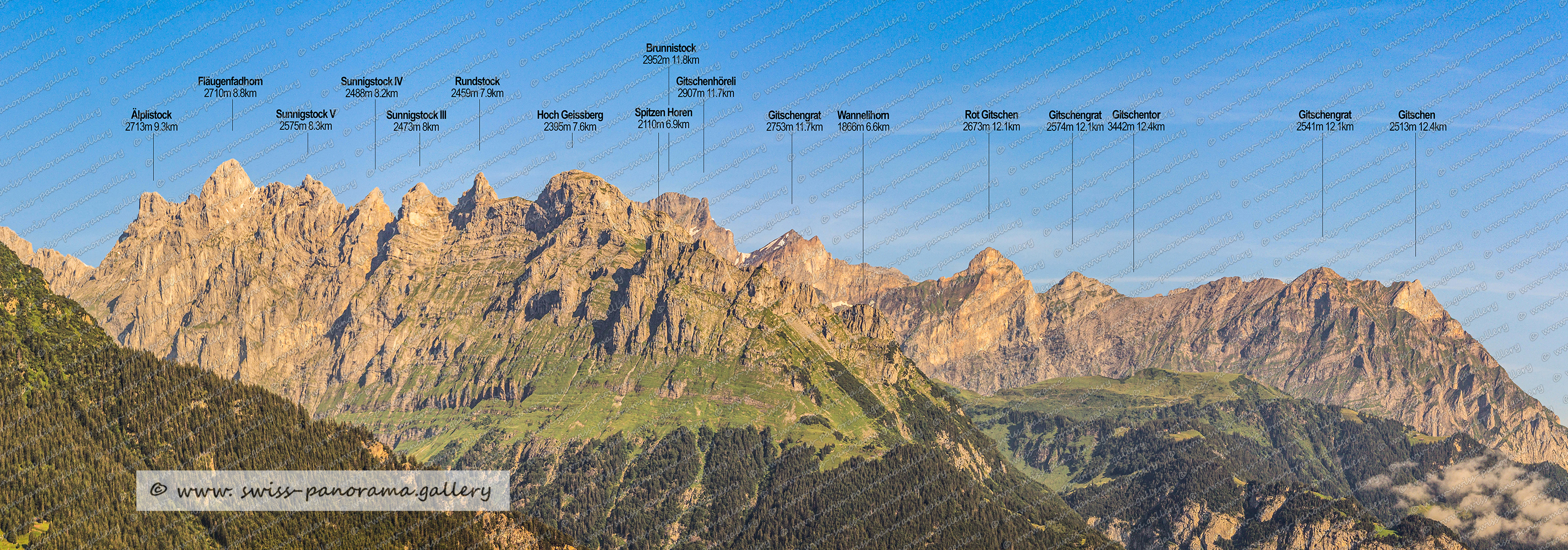 Panorama Alp Grat, Blackenstock, Brunnistock, Rot Gitschen und Gitschen, Bristen 3073m, Rossmettlengrat 2805m 20.6km, Spitzberg 2934m 21.6km, Fellihorn 2126m 8.7km, Schwarz Berg, Vorder Bächenstock 2476m 10.3km, Diederberg 2650m 11km, Rienzenstock, Mittagstock 2506m, Rohrspitzli 3220m16.9km, Wildenlauwenenhöreli 2547m, Leidstock 2419m, Schnürstock 2131m, Witenstock 2392m 7.9km, Sunniggratlii 2034m, Uf den Spitzen 2047 4.8km    , Gwasmet 2265 m, Jakobiger 2505m, Grossgand  2311m 4.5km, Ruchälplistock 2476m, Bälmeten  2415m, Schwarz,  Grat 2021m, Niederbauen Chulm 1923m, Oberbauenstock 2117m, Rigi Scheidegg 1662m, Gibelstockhöreli 1848m 9.5km, Gitschen 2513m, Rot Gitschen 2673m, Wannelihorn 1866 6.6km, Gitschenhöreli 2907m, Rundstock 2459m, Hoch Geissberg 2395m, Brunnistock 2952, Älplistock 2713m, Fläugenfadhorn 2710m