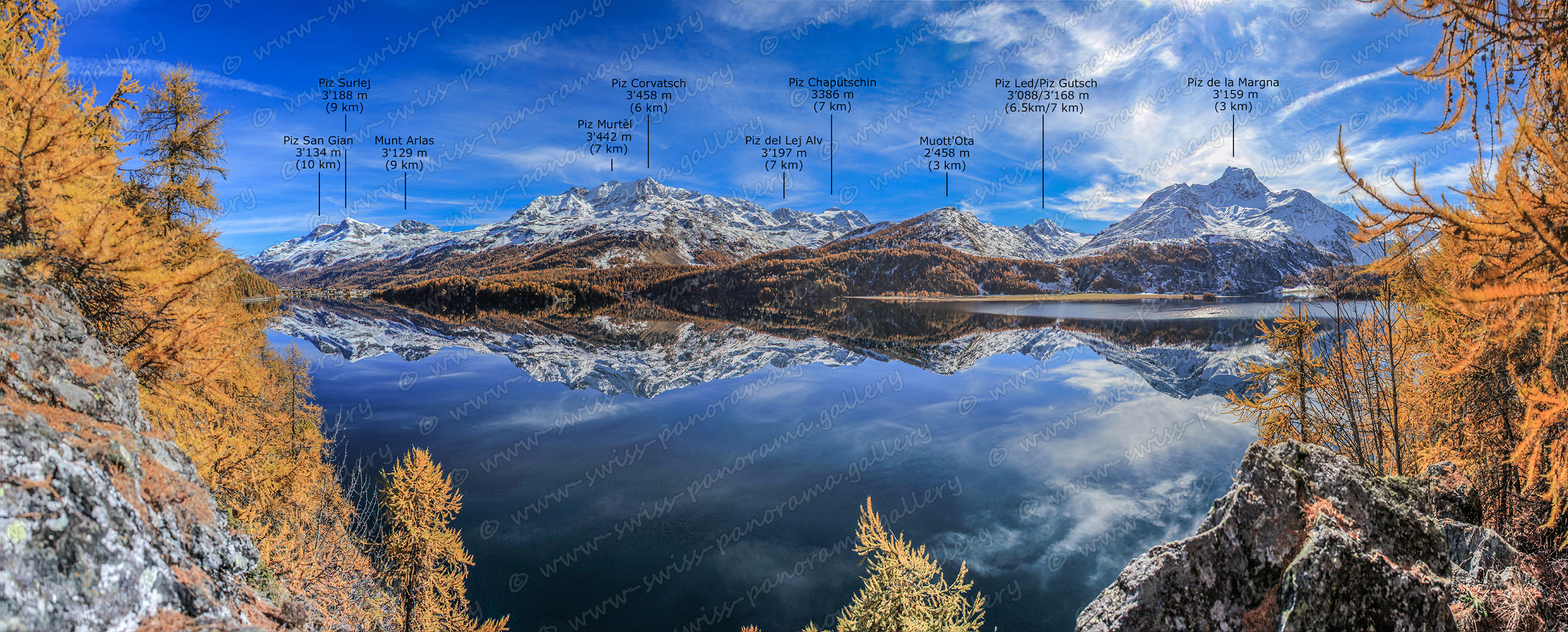 swiss panorama gallery Silsersee panorama Upper Engiadina Lakes Area Silsersee panorama, swiss-panorama.gallery, Oberengadin panorama,  Muott'Ota2'458 m (3 km), Piz de la Margna 3'159 m, Piz Salatschina 2'824 m, Piz Chapütschin 3386 m, Cresta dal Lej Sgrischus 3'304 m (7 km), Piz Mortel 3'442 m (7 km), Piz Corvatsch 3'458 m (6 km), Piz Surley 3'188 m (9 km), Munt Arles 3'129 m (9 km), Piz San Gian 3'134 m (10 km)