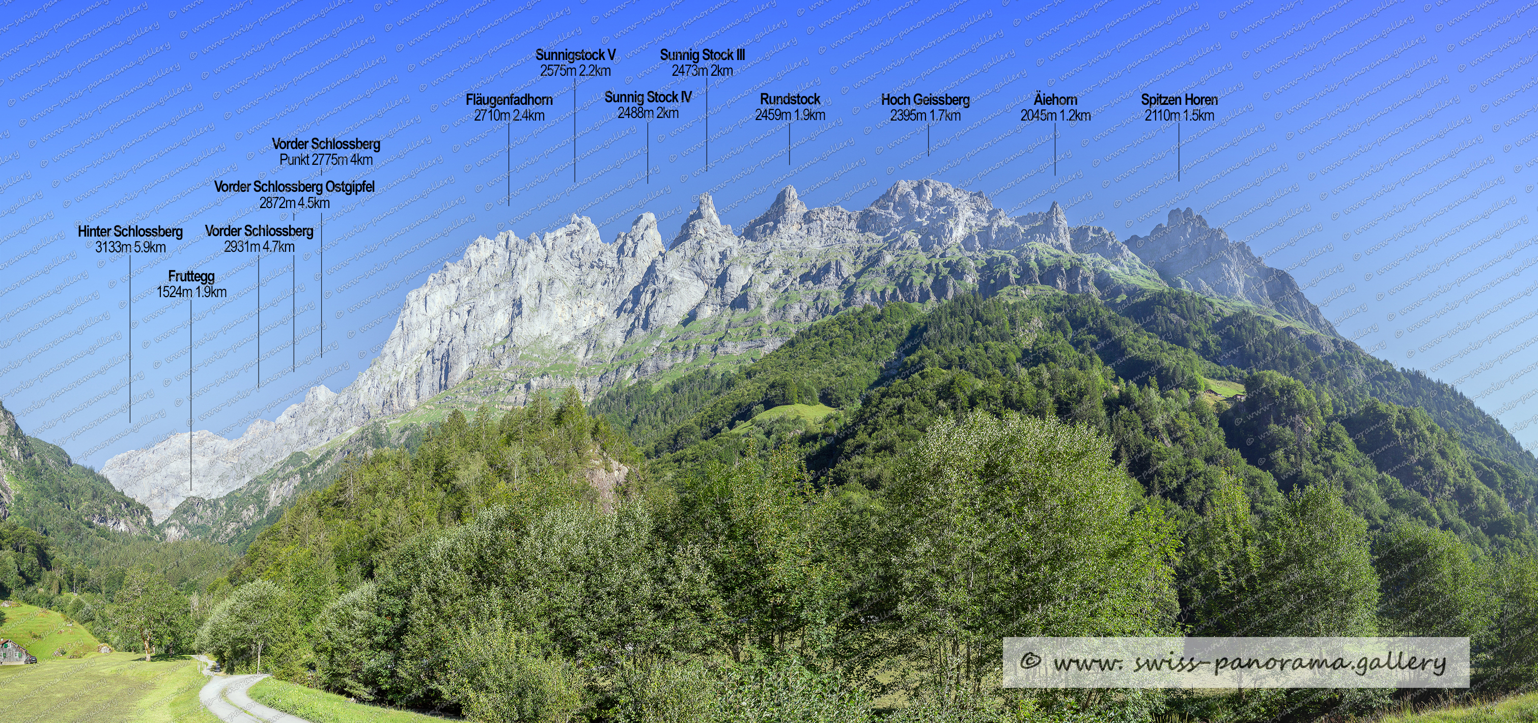 Beschriftetes Alpenpanorama Erstfeldertal, Erstfeld, Urner Alpenpanorama, swiss mountain panorama,  Hinter Schlossberg 3133m, Fruttegg 1524m 1.9km, Vorder Schlossberg 2931m, Hoch Geissberg 2395m Spitzen Horen 2110m, Vorder Schloss Ostgipfel, Vorder Schloss 2775m, Rundstock 2459m, Sunnig Stock IV, Sunnigstock V 2575m, Fläugenfadhorn 2710m, Sunnig STock III, Äiehorn 2045m, Gwasmet 2265m, Hundtschingel 2371m, Ruchen 2628m, Punkt 1734m