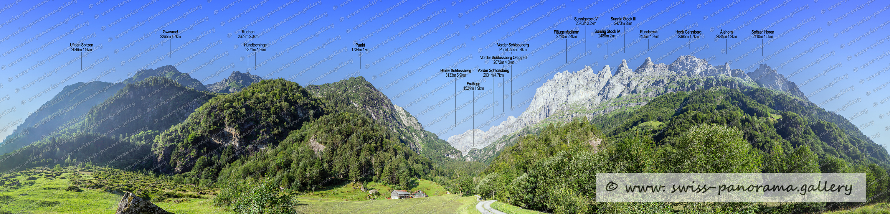 Swiss Alps; Alpenpanorama beschriftet; Schweizer Bergpanoramen; Beschriftetes Alpenpanorama Erstfeldertal; Erstfeld; Urner Alpenpanorama; swiss mountain panorama; Hinter Schlossberg 3133m; Fruttegg 1524m 1.9km; Vorder Schlossberg 2931m; Hoch Geissberg 2395m Spitzen Horen 2110m; Vorder Schloss Ostgipfel; Vorder Schloss 2775m; Rundstock 2459m; Sunnig Stock IV; Sunnigstock V 2575m; Fläugenfadhorn 2710m; Sunnig STock III; Äiehorn 2045m; Gwasmet 2265m; Hundtschingel 2371m; Ruchen 2628m. Punkt 1734m; swiss-panorama.gallery; swiss panorama gallery, Bodenberge im Erstfeldertal, 