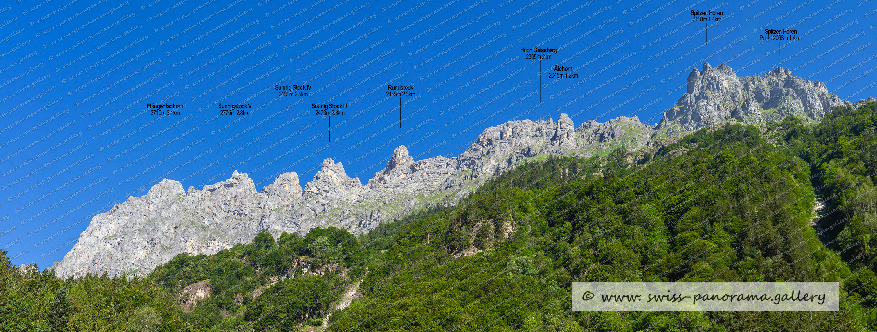 Beschriftetes Alpenpanorama Erstfeldertal, Erstfeld, Urner Alpenpanorama, swiss mountain panorama,  Hinter Schlossberg 3133m, Fruttegg 1524m 1.9km, Vorder Schlossberg 2931m, Hoch Geissberg 2395m Spitzen Horen 2110m, Vorder Schloss Ostgipfel, Vorder Schloss 2775m, Rundstock 2459m, Sunnig Stock IV, Sunnigstock V 2575m, Fläugenfadhorn 2710m, Sunnig STock III, Äiehorn 2045m, Gwasmet 2265m, Hundtschingel 2371m, Ruchen 2628m, Punkt 1734m