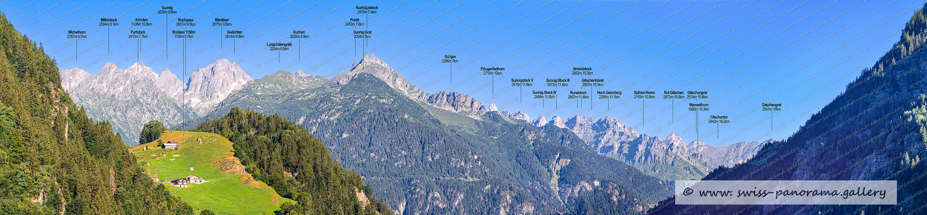 Switzerland Urner Alpenpanorama Maderanertal Sichtbare Gipfel, Wichelhorn 2767m, Furtstock 2413m 7.7km, Mittelstock 2584m, Sunnig 2839m 9.8km, Krönten  3108m, Breitlaui 1150m, Ruchpass 2657m  9.8km, Gitschentor 2442m, Gwächten 2814m 9.9km, Gitschengrat 2541m 16km, Mäntliser 2875m, Wannelihorn 1866, Spitzen Horen 2110m, Rot Gitschen 2673m, Gitschengrat 2574m, Rundstock 2459m, Hoch Geissberg 2395m, Sunnig Stock IV 2488m, Sunnigstock V 2575m, Gitschenhöreli 2907m, Schijen 2096m, Fläugenfadhorn 2710m, Sunnig Stock  III 2473m, Langchälengrätli 2204m, Ruchälplistock 2476m, Sunnig Grat 2034, Ruchen 2628m  