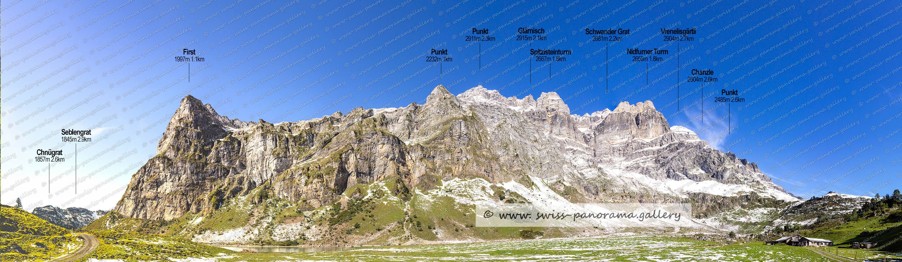 Panoramic picture of the Swiss Alps, Panoramic pjhotos oft he Swiss Alps, Glarus Süd, Glarner Grosstal, Brunnenberg, Schweizer Bergpanoraman, Glarner Alpenpanorama, Beschriftetes Schweizer Alpenpanorama, Glärnisch Massiv, Vrenelisgärtli 2904m, Nidfurner Turm 2659m Glärnisch, Spitzisteinturm 2667m   Glärnisch, Chnügrat 1857m Braunwald, Seblengrat 1845m Braunwald, Rüchi 2850m, Schwander Grat 2881m, Glärnisch 2915m, Bächistock 2915m,  Gumengrat 2060m  Braunwald, Vorder Eggstock 2449m, Leitereggstock  2320m   Leitereggstogg Braunwald,  Chanzle 2604m  unterhalb Vrenelisgärtli,  Luftseilbahn Luchsingen Brunnenberg,  swiss panorama, gallery, Famous Swiss Alps, Swiss Panorama Gallery, labelled mountain panorama from Switzerland, Swiss Panorama Gallery