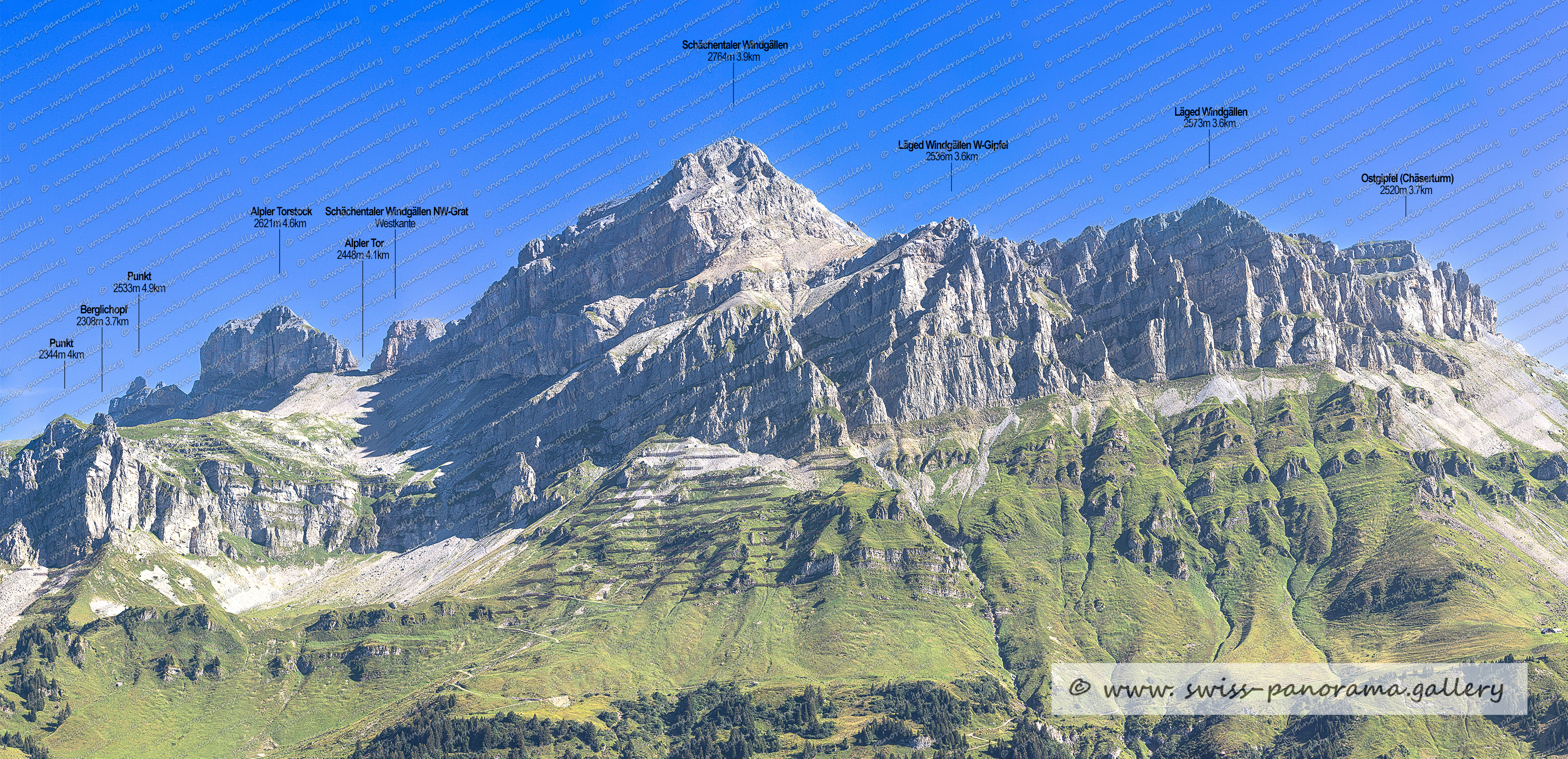 Beschriftetes Alpenpanorama von der Alp Oberalp, Schächental, Swiss mountain panorama, Blick zur Gross Windgällen, Stäfelstock 2917m, Wiss Stöckli 2405m, Gross Windgällen 3187m, Hölenstock 2901m, Schwarz Stöckli,