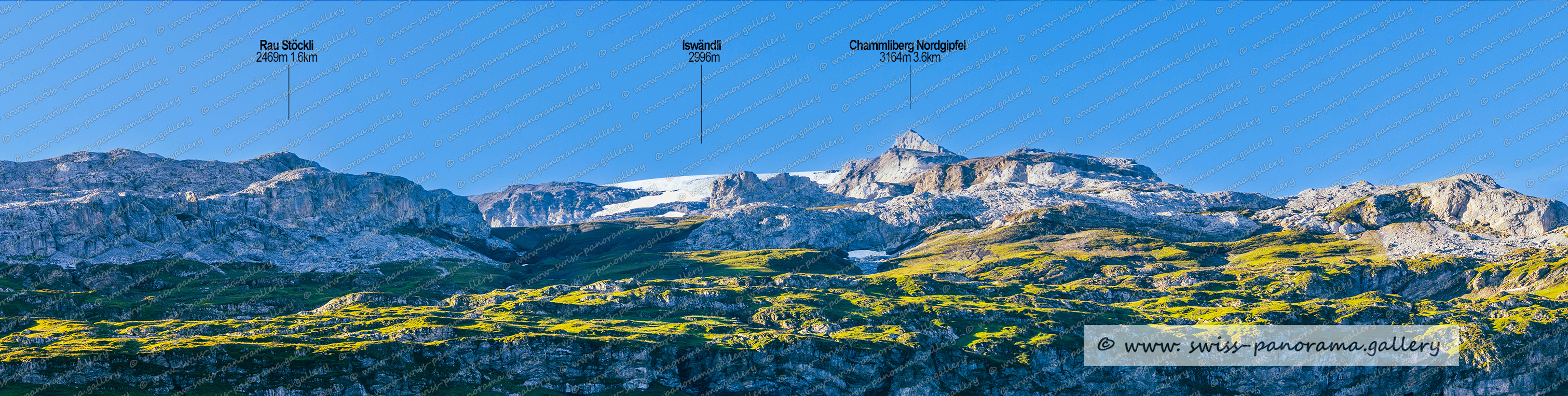 Beschriftetes Alpenpanorama von der Klausenpasshöhe, Klausenpass, Rau Stöckli 2469m, Chammliberg Nordgipfel, Iswändli, mountain panorama from Switzerland, Swiss Alps