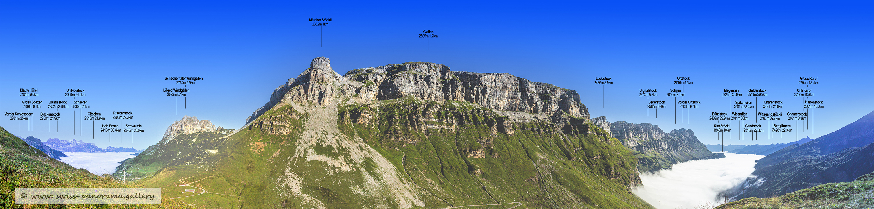 Beschriftetes Alpenpanorama 180 Grad Panoramablick kurz vor der Klausen Passhöhe,labelled mountain Panorama from Switzerland