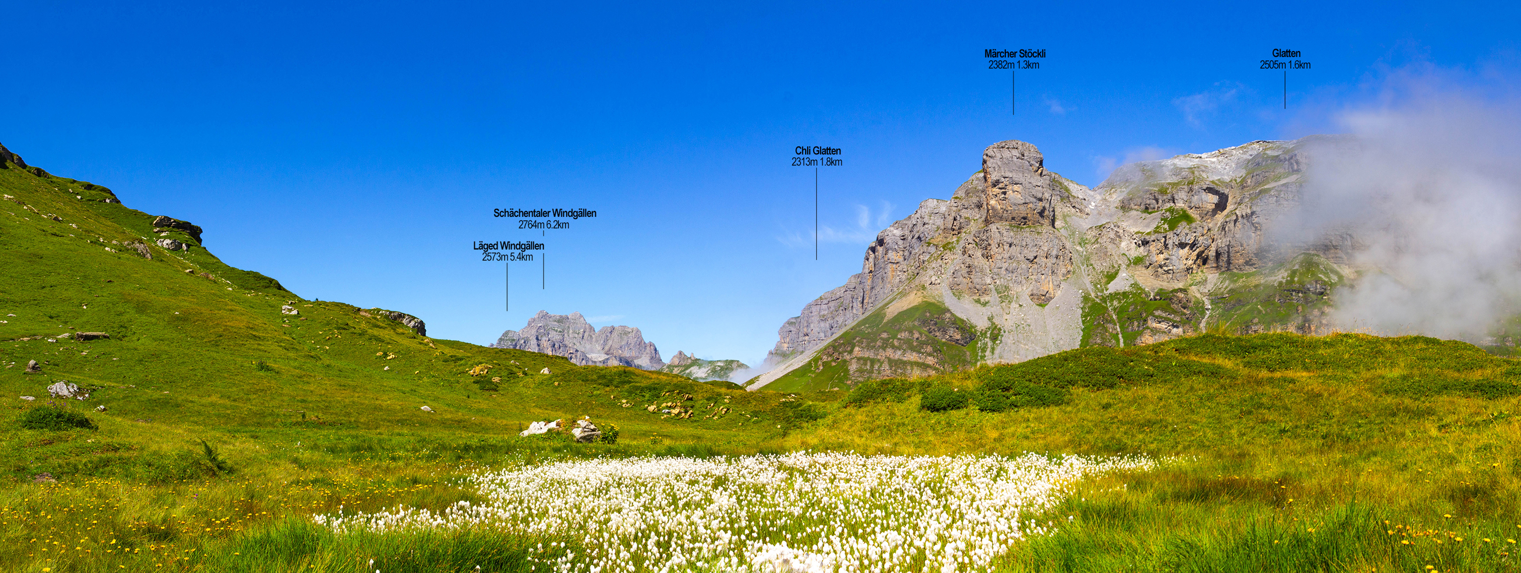 Beschriftetes Alpenpanorama von der Klausenpasshöhe, Klausenpass, Rau Stöckli 2469m, Chammliberg Nordgipfel, Iswändli, mountain panorama from Switzerland, Swiss Alps