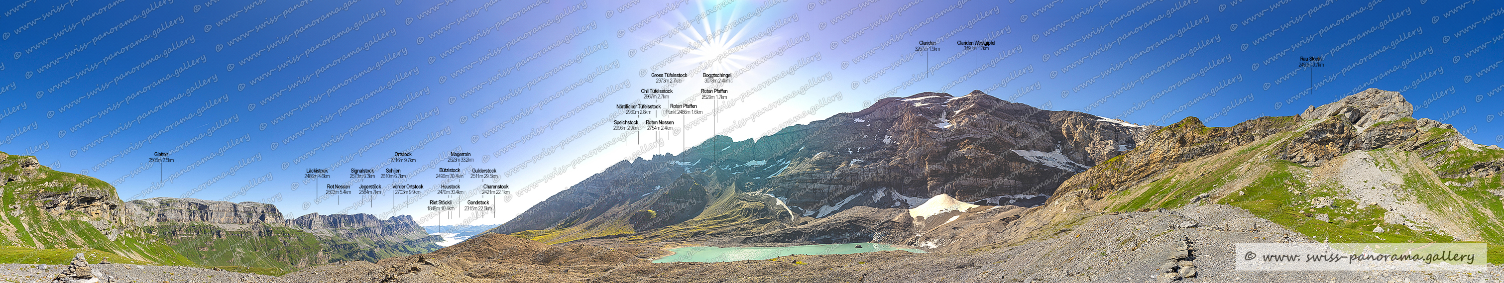 Beschriftetes Alpenpanorama, Beschriftetes 360 Grad Panorama vom Griesseeli, Gletscherseely, Klausenpass, Klausen mountain pass in Switzerland, Urnerboden Schächental,  Rau Stöckli 2469m, Clariden 3267m, Nördlicher Tüfelsstock 2960m, Boggtschingel 3078m, Speichstock 2996m, Roten Pfaffen 2528n, Gross Tüfelsstock 2973m, Chli Tüfelsstock 2967m, Gross Tüfelsstock 2973m, Läckistock 2486m 4.6km, Glatten 2505m, Signalstock 2573m, Roten Nossen 2754m, Jegerstöck 2584m Kopie, Rot Nossen 2503m, Ortstock 2716m 9.7km, Gandstock 2315m 22.5km, Bützistock 2489, Riet Stöckli 1848m, Heustock 2471m, Charenstock 2422m 22.1km  , Vorder Ortstock 2703m 10km, Schijen 2610m Kopie, Gulderstock 2511m, Magerrain 2523m, Clariden Westgipfel 3191m,