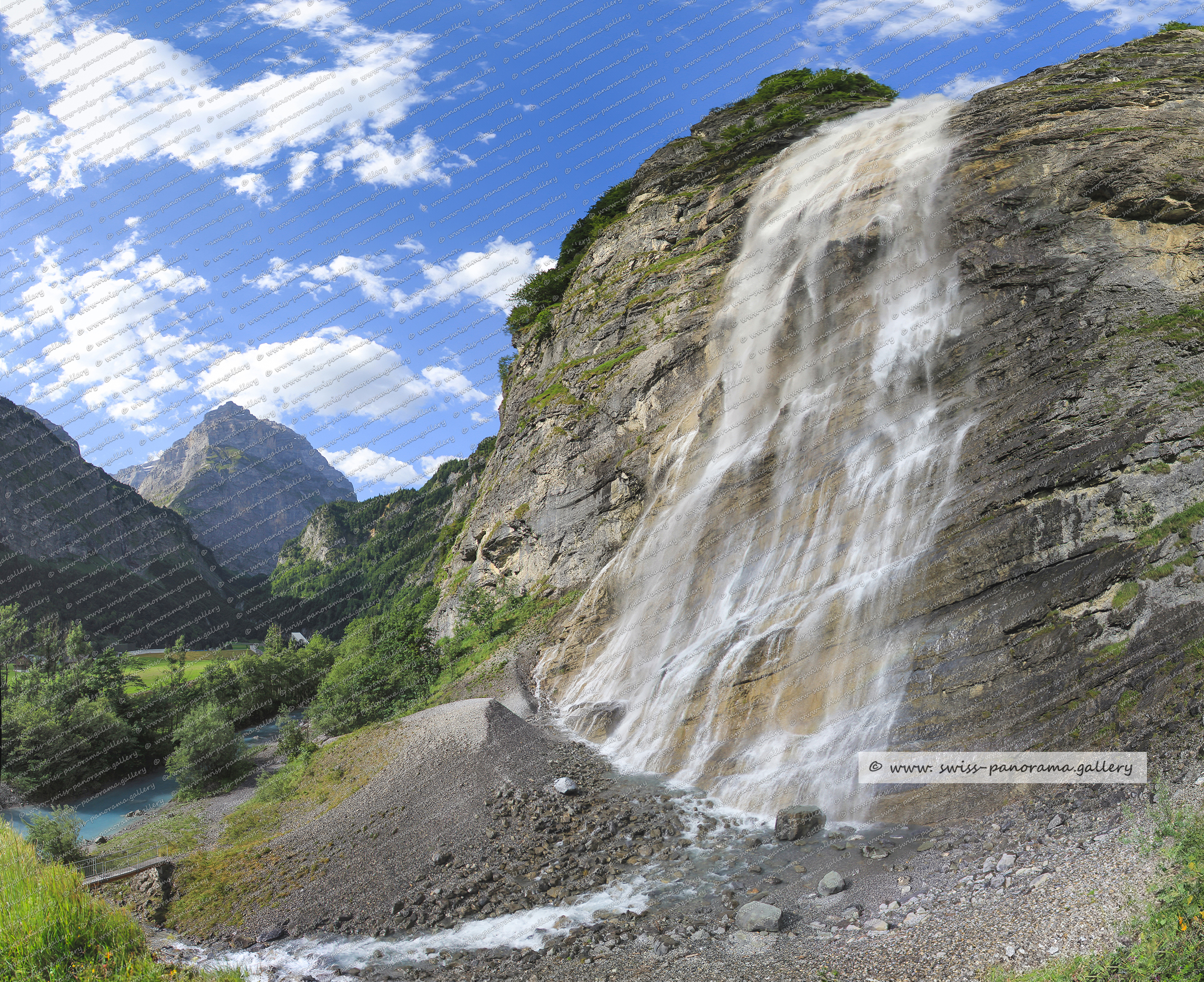 Swiss Alps; Alpenpanorama beschriftet; Schweizer Bergpanoramen; Swiss Alps; Alpenpanorama beschriftet; Schweizer Bergpanoramen; Glarus; Tierfehd; Schreyenbach Wasserfall; mountain panoramas from Switzerland