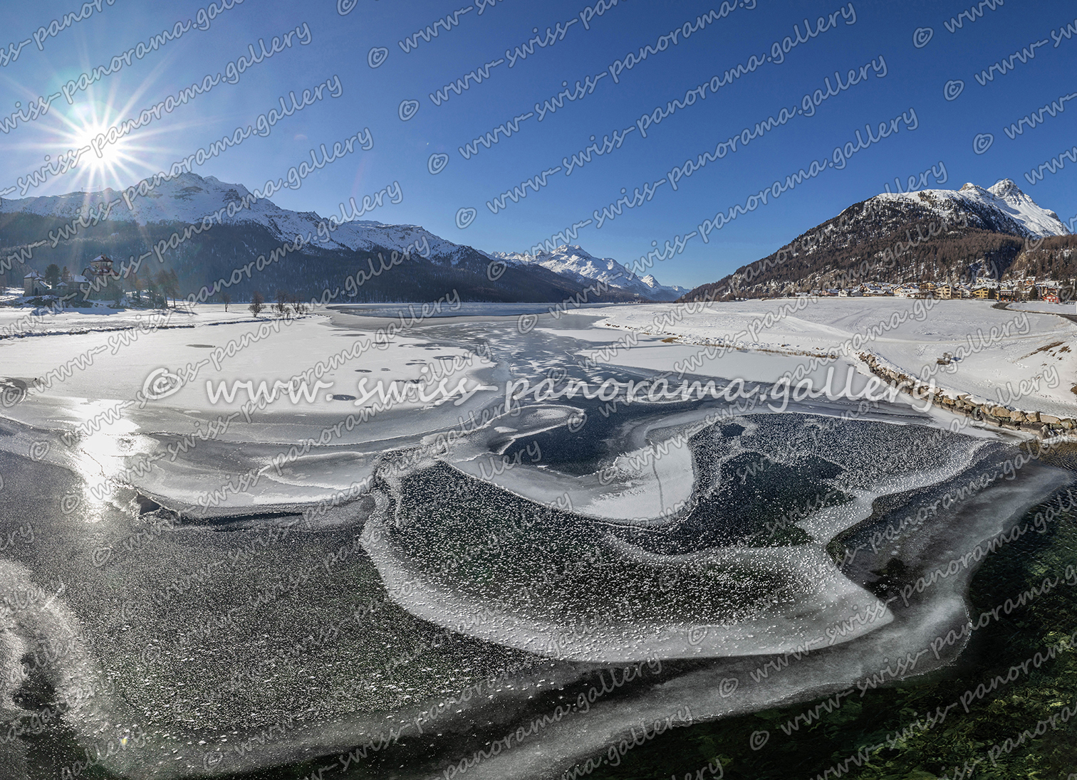 swiss panorama gallery Engadiner Seeen Silvaplanersee panorama Lake Silvaplana Upper Engiadina Lakes Area Piz Salacina 2'599 m (11 km), Piz Fedoz 3'190 m (11 km), Piz de la Margna 3'159 m (9 km), Furtschellas 2'932 m (4 km), Piz Corvatsch 3'458 m (5.5 km), Piz Mortel 3'442 m (5 km), Munt Arlas 3'129 m (4 km), Piz San Gian 3'134 m (4 km), Piz Surley 3'188 m (9 km)