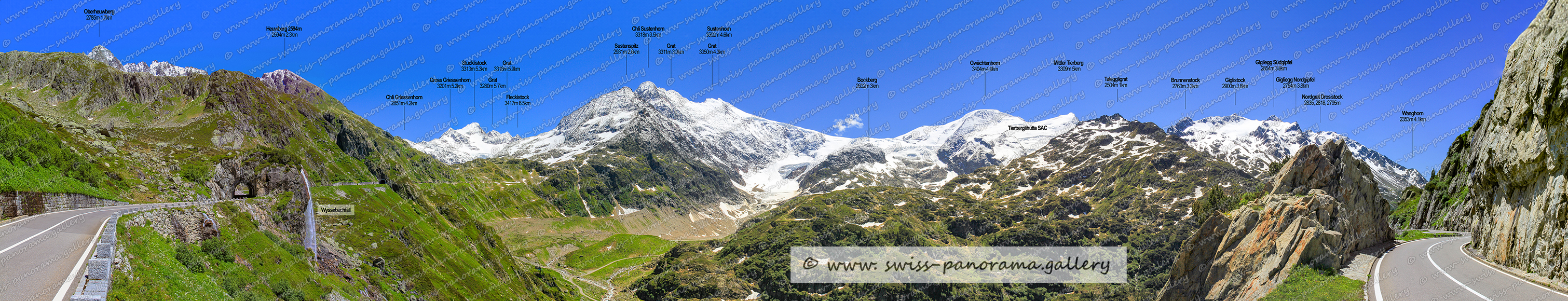 Switzerland Susten Pass Schweizer Alpenpanorama beschriftet. Wyssebachfall Wyssebach Wasserfall Swiss mountain panorama