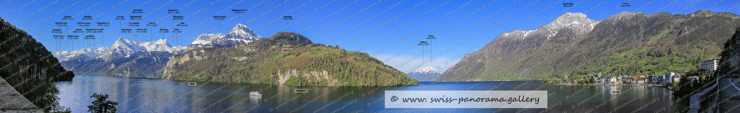 Switzerland panorama Axenstrasse Urnersee panorama beschriftet Brunnen im Kanton Schwyz, beschriftetes Schweizer Alpenpanoramen Urnersee panorama