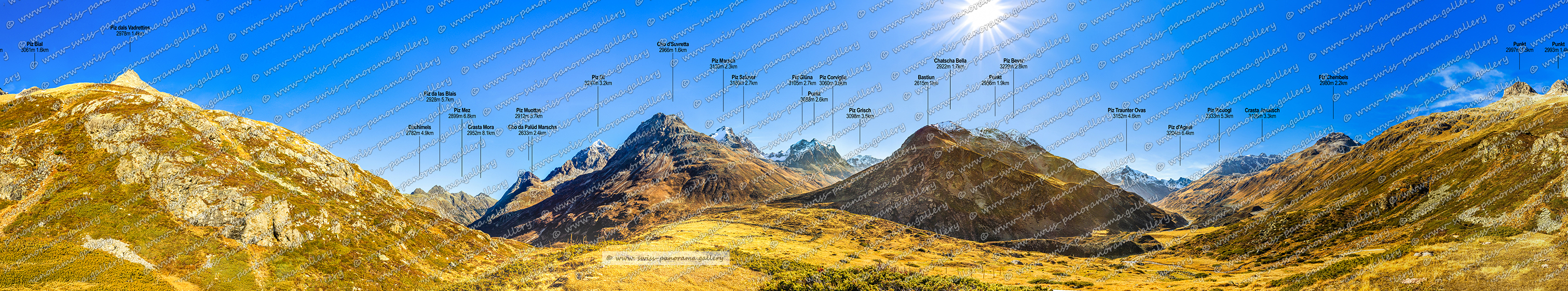 Beschriftetes Alpenpanorama vom Piz Nair St. Moritz, Swiss mountain panorama, Schwemser Spitze, auch Oberettesspitze 3459m Südtirol, Trentino-Südtirol, Italien< Piz Viroula 3061m (GR) – Zuoz, Piz d'Arlas (GR) – Poschiavo< , Piz Cambrena 3606m 19.9km, Piz Zupò 3996m 107.7km, Piz Zupò 3996m 107.7km, Piz Rosatsch  3121m GR, Piz Boval 3353m GR, Piz Spinas 3823m GR   , Piz Palü 3899m GR, Piz Palü Ostgipfel 3883m GRPiz Misaun (GR) - Pontresina 3249m, Bellavista Pubkt 3887m, Piz Tschierva 3545m GR, Piz Surlej 3188m  (GR) – Silvaplana, Piz Morteratsch 3751m GR, Bellavista Orientale 3799m GR, Fuorcla Scerscen-Bernina 3822m, Chapütschin da Naiv 3874m  Schneehaube, Piz Bernina, Munt Arlas 3127m  (GR) – Silvaplana, LiniPiz Scerscen 3971m GR e 3, Muotta da Naiv 3917m   Vorgipfel de beim Piz Roseg auch Schneekuppe genannt, Piz Roseg 3935 gemäss Landeskarte, La Spedla 4080,, Piz Scerscen, Piz Sella 3506m 106.4km, Dschimels I Gemelli 3502m    , Roseg Pitschen3867m  (GR) – Samedan, La Sella 3584   ist in der Nähe des Piz Sella OberengadinLa Sella 3584   ist in der Nähe des Piz Sella Oberengadin, Piz Tremoggia 3441  im Val Fex Grenzberg zu Italien, La Sella 3584   ist in der Nähe des Piz Sella Oberengadin, Piz Glüschaint 3594m(GR) – Samedan, Cima die Sondrio 3539 bei La Sella, Il Chapütschin 3386m (GR) – Samedan, Monte Disgrazia 3678m 113.3km Bernina-Alpen Lombardei Italien, Piz Taviela 3612m Italien, Monte dell'Oro 3154m  (GR) - Bregaglia              Monte dell Oro, Piz Murtel 3433m (GR) - Samedan Silvaplana   auch Piz Murtèl geschrieben, Piz Fora, Piz Corvatsch 3451m (GR) - Samedan / SilFuorcla de la Sella 3250m, Hauptgipfel Piz d'Arlas (GR) - Poschiavo 3467m, Piz Led 3087m (GR) - Sils im Engadin/Segl, Piz Led 3087m (GR) - Sils im Engadin/Segl, Pass Fuorcla dal Chapütsch 2930m (GR) - Sils im Engadin/Segl, Monte,  Pioda 3431m bei Monte Disgrazia in Italien, Piz de la Margna 3158m, Cima Meridionale di Chiareggio 3092m, Punkt 3104m, Punta Rasica, Pizzo del Muretto 3107m Bregaglia ist ein Grenzberg zu Italien, Kleopatra Nadel 3234 m, Cima di Rosso 3365(GR) – Bregaglia, Torrone Centrale 3280, Pizzo Quadro 3014m, Piz Platta3391m  (GR) – Surses, Piz Traunter Ovas 3152m (GR) – Bever, Tschima da Flix Westgipfel 3301m  (GR) – Bever, Tschima da Flix 3315m  (GR) – Bever, Hauptgipfel Mazzaspitz 3164m  (GR) – Surses, Monte Rosa 4634m, Grat Muntognas digls Lajets 2904m  (GR) – Surses, Monte Mater 3025, Tälihorn 3164m  (GR) – Surses, Hauptgipfel Jupper Horn (GR) – Avers, Piz Pombi Pizzo Forato 2967m, Pizzo Tambo 3280m (GR) – Mesocco, Piz Surgonda 3195m (GR) – Bever, Hauptgipfel Corn Chamuotsch (GR) – Silvaplana, Piz Corbet Pizzo Sevino, Hauptgipfel Piz Scalotta 2991m (GR) – Surses, Corn Suvretta3071m  (GR) - St. Moritz, Punkt 3160, Torrone Occidentale 3349m, Cima dal Cantun 3353m Bragaglia  , Monte del Forno 3213m  (GR) – Bregaglia, Piz Albana, Torrone Orientale, Piz Polaschin 3012m, Cima di Vazzeda 3301m Bergell Grenze zu Italien Val Forno, Grat Crutscharöls 3002m (GR) - Sils im Engadin/Segl  , Piz Casnil 3188m (GR) – Bregaglia, Cima dal Largh 3187m (GR) – Bregaglia, Sciora Dadent 3274m im BergellPunta Pioda 3237m im Bergell bei Sciora Dadent,  Cima della Bondasca 3233m GR Bregaglia, Pizzo Badile 3309m 28.1km, Piz Gügliet 3159m, Pizzo Cengalo 3369m 27.5km, Corn Alv , 2991m (GR) – Surses, Piz Güglia (Piz Julier) 3380m 2.7km, Tscheischhorn, Piz Picuogl 3333m (GR) – Bever, Piz Calderas 3396m (GR) – Surses, Pizzi Gemelli 3260m, Piz S Piz d'Err 3377m (GR) – Surses, uvretta 3143m (GR) – Bever, Piz Bever 3229m  GR , Piz Bever 3229m  GR     ,  Piz Mitgel 3158, (GR) – Surses, Pizzi del Ferro,  Piz Chembels 2980m  (GR) – Bever, Erzhorn 2922m GR, Piz d'Alp Val 3045m (GR) - Bergün Filisur, Piz Güz 3167m (GR) - Bregaglia  auch Piz Guez geschrieben auf Landeskarte steht Piz Güz, Piz Bleis Marscha (GR) - Surses 3128m, Punkt 3041m, Piz Bial 3061m GR Albula Alpen, Tinzenhorn 3173m  Corn da Tinizong (GR), Piz Ela 3338m, Piz Grisch 3098m GR, Aroser Rothorn 2980m G, Piz Corviglia 3060m GR, Piz Marsch 3120m GR, Piz Laviner (GR) – Surses, Piz Saluver 3160m (GR) - Celerina/Schlarigna, Piz Glüna 3105m (GR) - Celerina/Schlarigna, Piz Saluver 3160m (GR) - Celerina/Schlarigna, Keschnadel 3387m   (Aguoglia digl Kesch (GR) – Zuoz, Piz Üertsch 3268m  (GR) - Bergün Filisur GR         , Piz de la Funtauna 3092m, Alpiner Gipfel Piz Ot 3247m (GR) – Samedan, Hauptgipfel Piz Val Lunga (GR) – Surses, Piz Kesch 3417m, Las Set Rösas 3043 m GR, Piz Vadret 3228m (GR) – Zernez, Piz Val Müra 3162m  GR, Hauptgipfel Piz Sarsuret 3126m, Crasta Mora 2952m (GR) - La Punt Chamues-ch, Piz Sarsura 3176m, Piz Vallet, Fluchthorn 3396m 77.8km, Punkt 3126m, Hauptgipfel Piz Plattas 3030m (GR) – Scuol,) - Surses    Piz Padella 2856 (GR) – Samedan, Hauptgipfel Piz d'Arpiglias 3027m (GR) – Zernez, Scima da Rügiul  2966m  GratTasna 3179m, Stammerspitz 3254m 85km auch Piz Tschütta genannt, Piz Griatschouls 2971m (GR) - S-chanf, Hauptgipfel Piz d'Urezza 2906m, Grat Spi da Laschadura 3000m (GR) – Zernez, Muttler 3294m 87.5km, Spi da Baselgia 2945m 35km, Piz Nuna 3124m    Scuol    Landeskarte 3124m, Piz Plattas, Punkt 3049m, Rofelewand 97.9km Oetztaler Alpen, Piz Plavna Dadaint 3166m (GR) – Scuol, Punta Sertori 3195m, Glockturm 3353m, Piz Quattervals 3164m (GR) – Zernez, Wildspitze 3768m ist der höchste Berg Nordtirols und der Ötztaler Alpen, Grippa Nairau, Hauptgipfel Piz d'Astras (GR) – Scuol, Piz Linard 3411m, Piz Vadret Pitchen 3218m (GR) – Zernez, Weisskugel3738m, Il Corn 2959m, Monte Saliente Livigno Alpen 3048m 25.7km, Hauptgipfel Piz Tavrü 3167m (GR) - Val Müstair, Monte Cassa del Ferro 3140m, Piz Nair Pitschen  2877m, Piz da las Sterlas 3176m (GR) – Samedans, Monte Cassa del Ferro 3140m und Nebengipfel 3134m, Pizzo del Ferro 3154m, Piz Chaschauna 3070m (GR) - S-chanf, Piz Utèr 2967m (GR) - La Punt Chamues-ch, Piz da l'Acqua 3124m  () -, Hauptgipfel Piz Mezzaun  2963m (GR) - La Punt Chamues-ch, Alpiner Gipfel Piz Murtaröl Cima la Casina () -, Piz Clüx 3129m (bei Piz Muragl), Linie 5Thurwieserspitze 3652m Italien, Piz Pischa 3137m (GR) – Pontresina, Piz Vadret 3199m (GR) – Samedan, Hauptgipfel Piz Muragl 3157m  (GR) – Pontresina, Königspitze 3851m (Gran Zemrü), Monte Zebrü  3736m, Piz Lavirun 3058m, Ortler 3005m, Cima de’ Piazzi 3429m Italien ist der höchster Berg der Livigno Alpen, Punta San Matteo 3678m Hauptkamm der Ortler Alpen höhe gemäss wiki, Hauptgipfel Piz Lagalb2959m  (GR) – Pontresina,     Cima Settentrionale di Lago Spalmo 3356m, Pizzo di Dosde 3280m 35.3km, Corn da Camp 3236m Graubünden Region Bernina Pass, Hauptgipfel Piz dal Teo 3047m (GR) – Poschiavo, , Cima Viola 3375m Italien, Piz Mezdi 2991m  (GR) - St. Moritz, Munt Pers 3207m, Piz Chalchagn 3154m GR zwischen Val Roseg und Val Mortaratsch, Hauptgipfel Piz Albris 3165m  (GR) – Pontresina, Corno di Dosde 3232m  Italien nah, Monte Mandrone, Piz Languard 3262m (GR) – Pontresina,e der Schweizer Grenze, Scima da Saoseo 3262 Schweiz / Italien