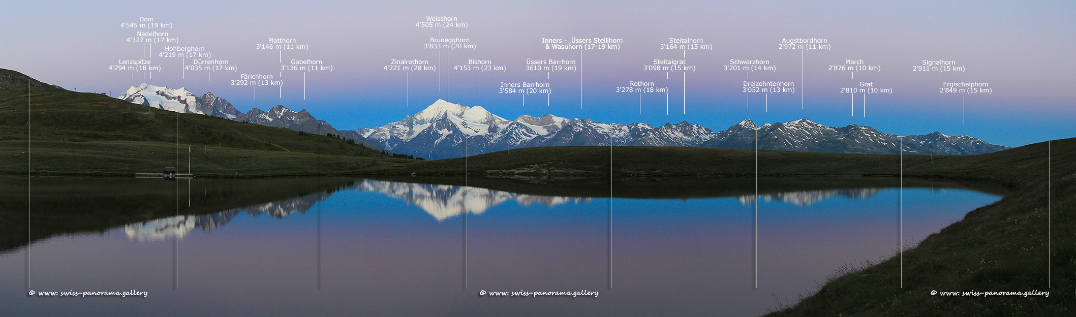 Panorama Gibidumsee,  a morning scenery before sunrise, the Mischabel Group and the Weisshorn reflecting in the lake Gibidum  at twilight.