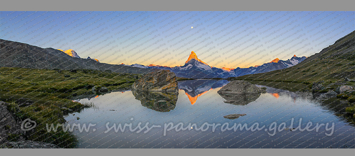 Zermatt Stellisee Morgendämmerung Vollmond über dem Matterhorn Schweizer Alpenpanorama
